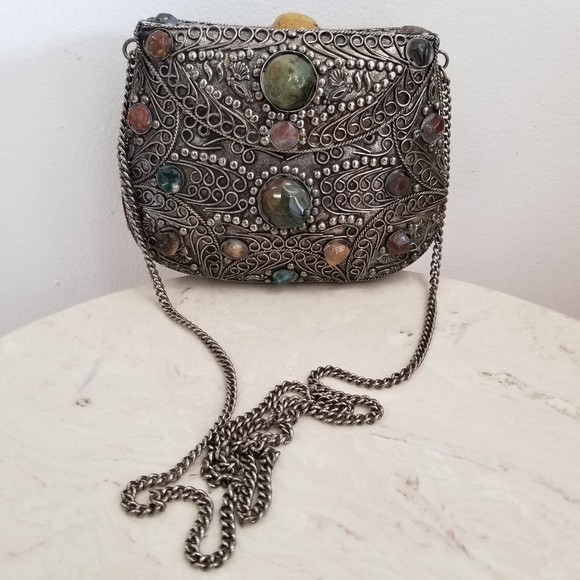 Vintage Sajai Metal Purse with Natural Agate Stones – Filigree Minaudière - Picture 2 of 8